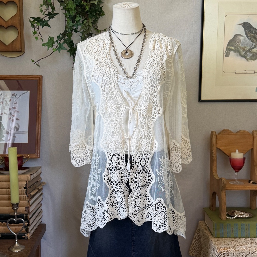 Cream Lace Mesh Cardigan Tie Front Top Whimsygoth Boho M Feminine Layering Sheer
